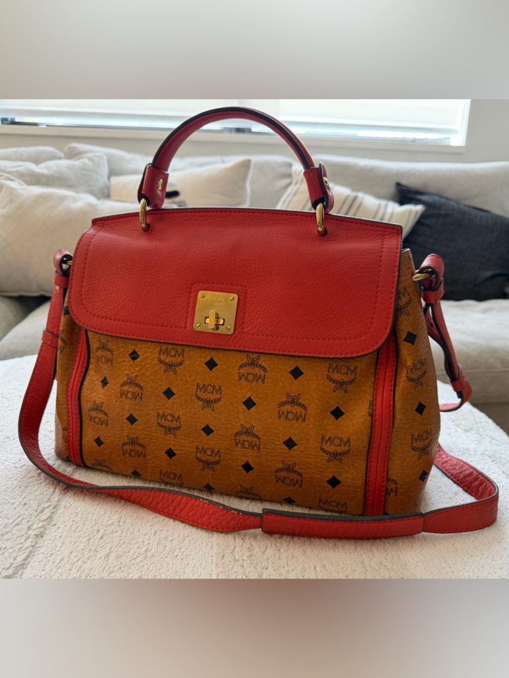 MCM Monogram Visetos Satchel in Cognac and Red Leather